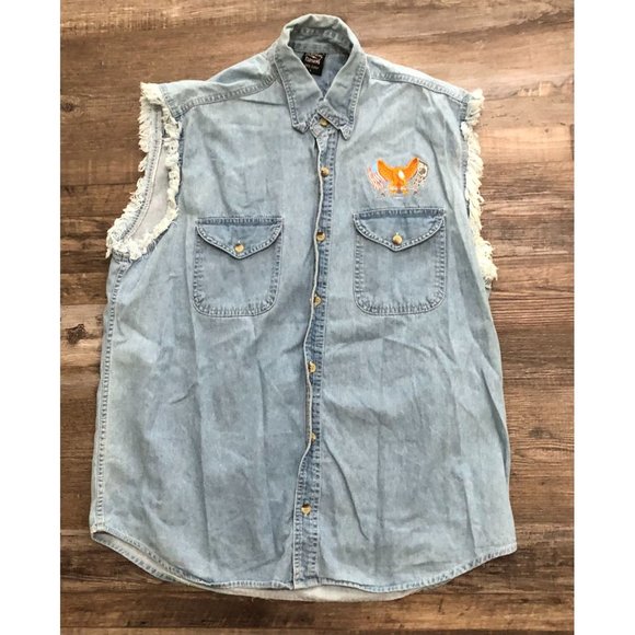 Lightning Clothing Mens Large Blue Motorcycle Eagle Graphic Denim Button Up Vest - Picture 2 of 7